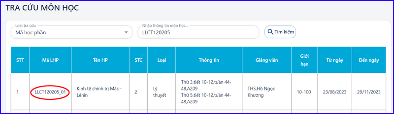 Giao diện hệ thống đăng ký học phần HUFLIT