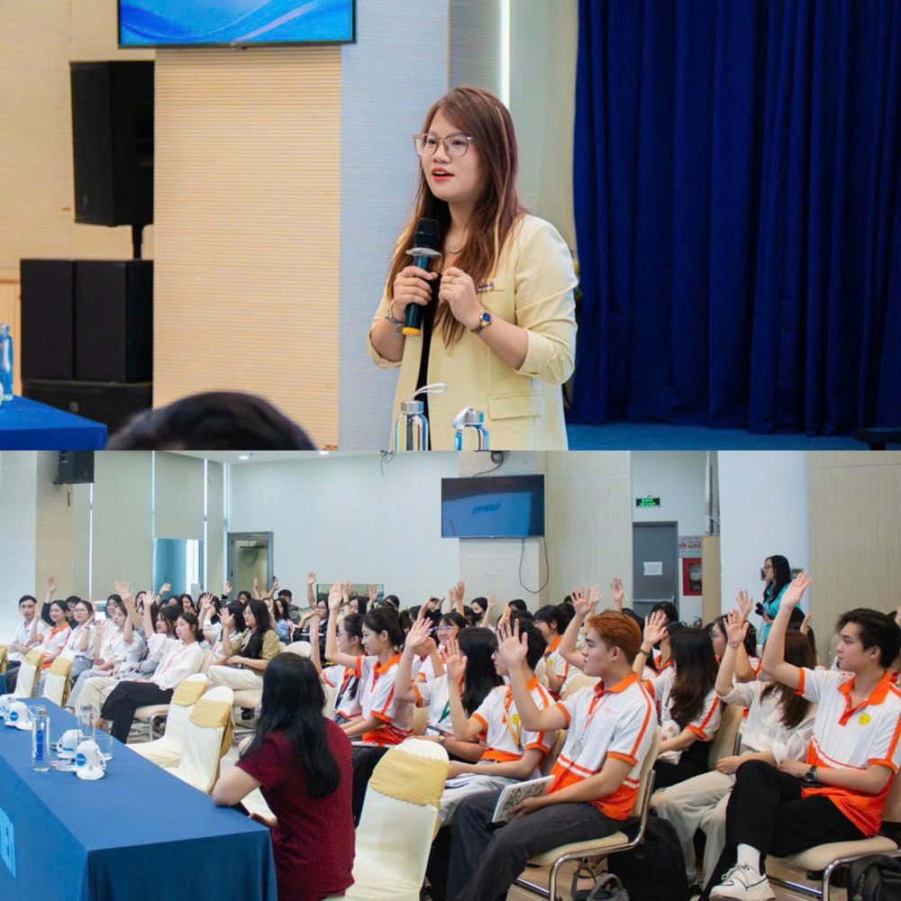 Nhà báo Ngọc Mai dẫn dắt phần giao lưu hỏi -đáp, chia sẻ thông tin cơ hội việc làm, thực tập, cộng tác viên tại báo Thanh Niên