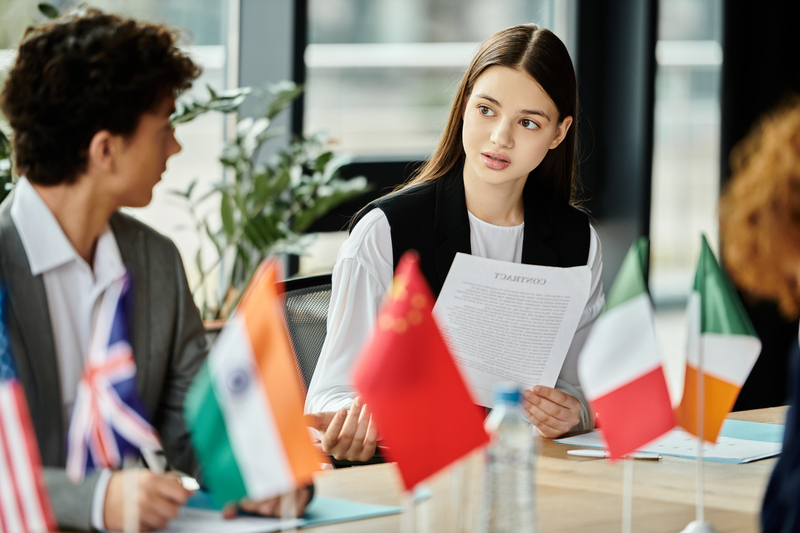 A group of teenagers participate in a Model UN conference.