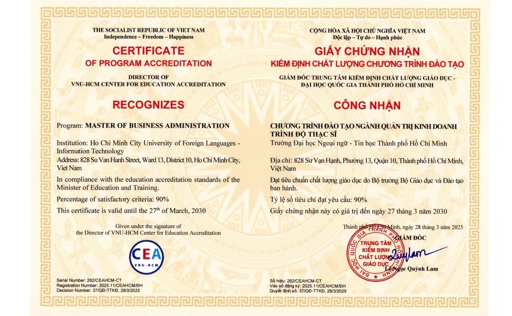 Programme accreditation certificate for Master of Business Administration (MBA)