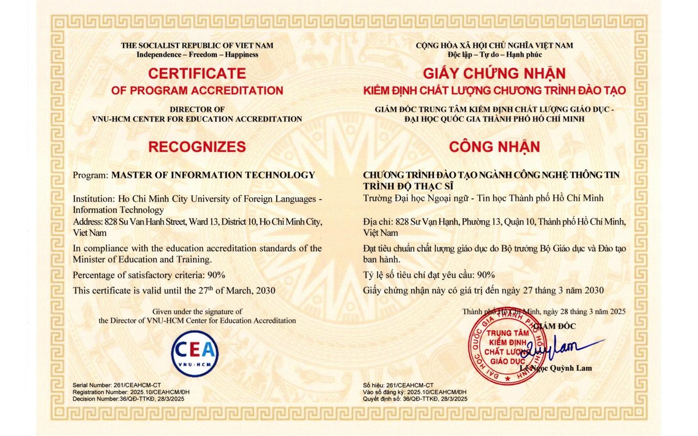 Giấy chứng nhận kiểm định chất lượng chương trình Thạc sĩ Công nghệ thông tin